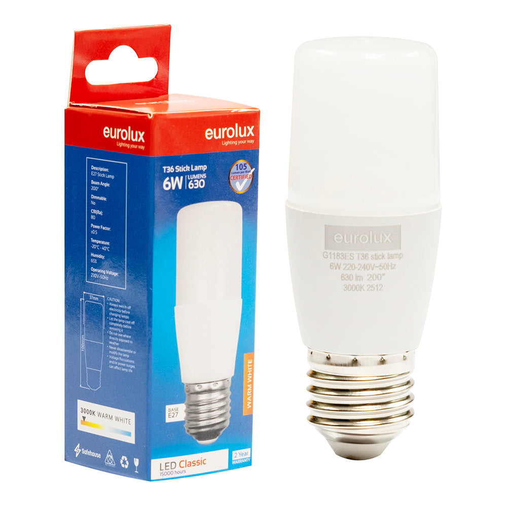G1183ES Eurolux Stick Lamp T36 6w LED E27 3000K 105lm