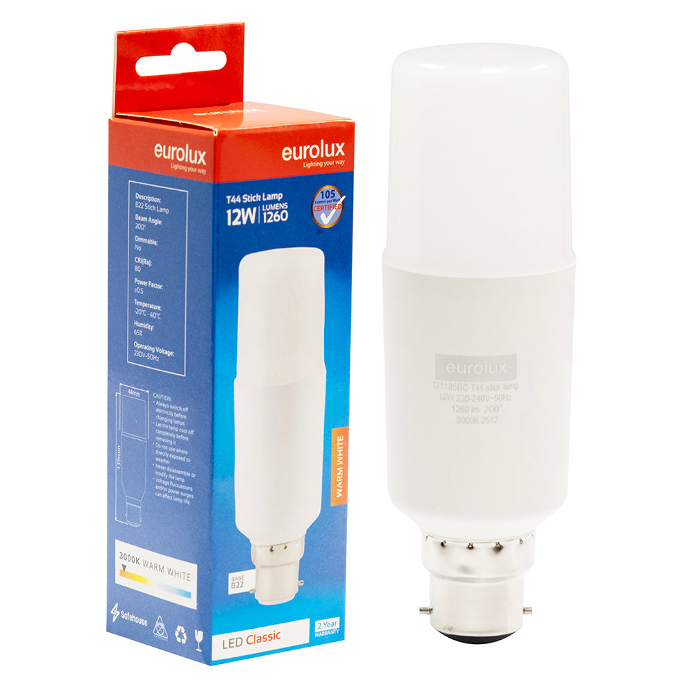 G1185BC Eurolux Stick Lamp T44 12w LED B22 3000K
