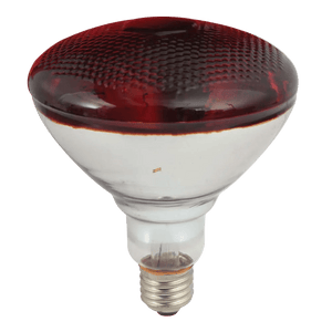 Red-tinted PAR38 infrared reflector bulb with E27 screw base, photographed against a green background.