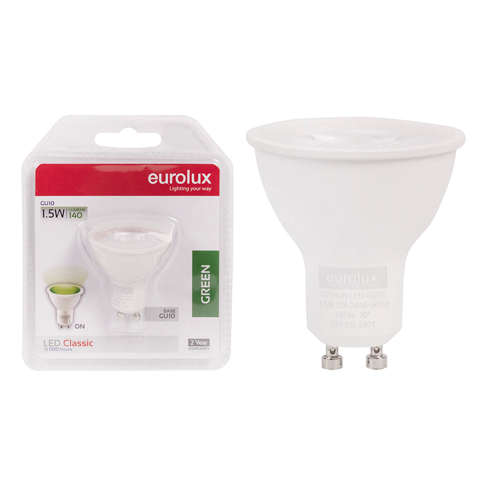Green GU10 LED lamp, 1.5W, 230V