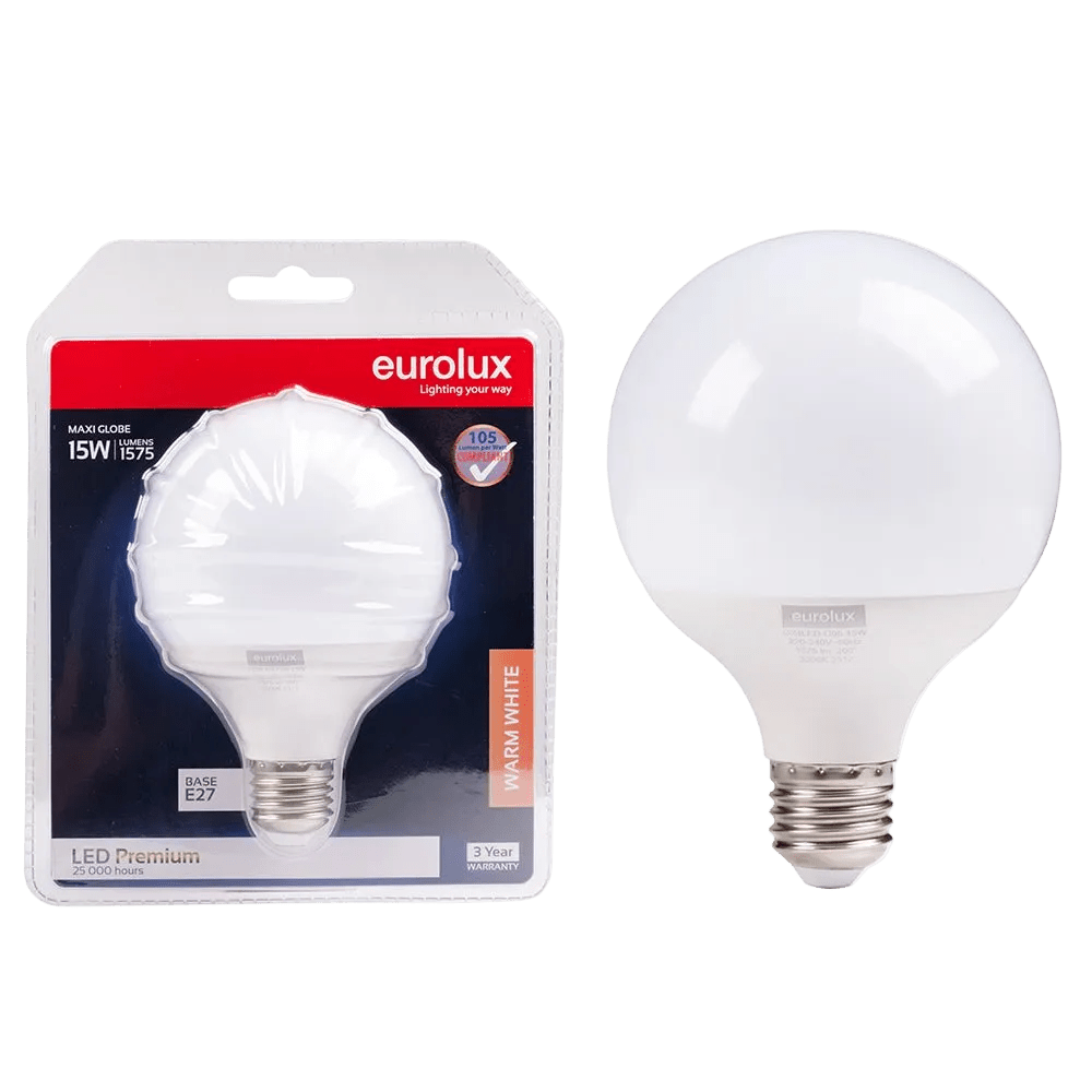 15W Dimmable White Globe LED Bulb – E27, 3000K Warm White