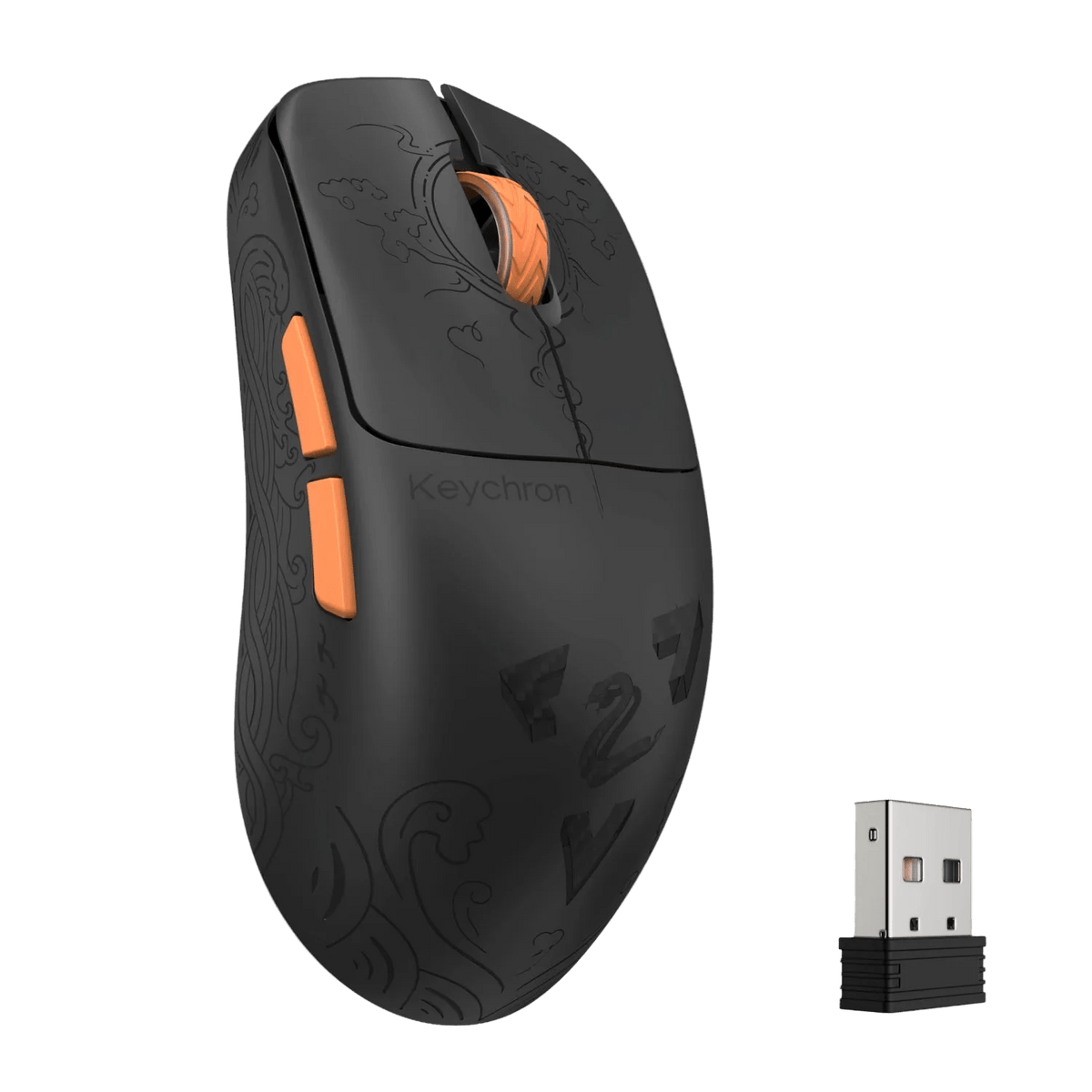 Black gaming mouse with orange accents and intricate designs, accompanied by a USB receiver.