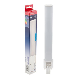 Cool White 6W LED G23 Bulb next to its packaging, showcasing a sleek design and G23 base.