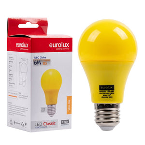 Yellow Eurolux LED light bulb with packaging on a white background