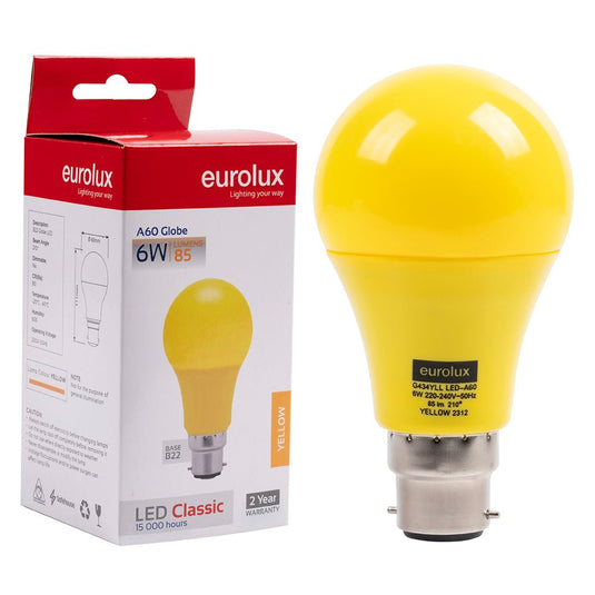 Yellow LED light bulb with Eurolux packaging on a white background