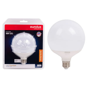 18W Warm White LED E27 Maxi Globe by Eurolux in packaging, showcasing the bulb's design and specifications.