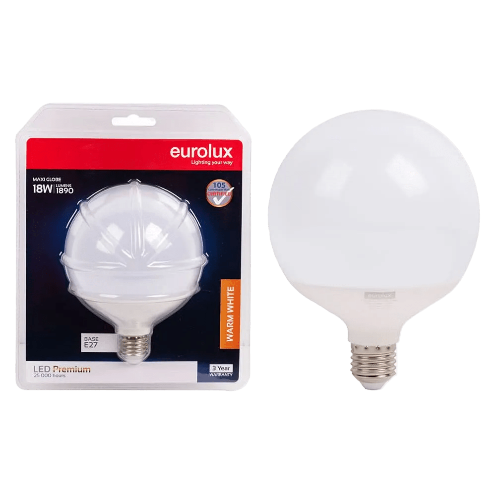 18W White Globe LED Bulb – E27, 3000K Warm White