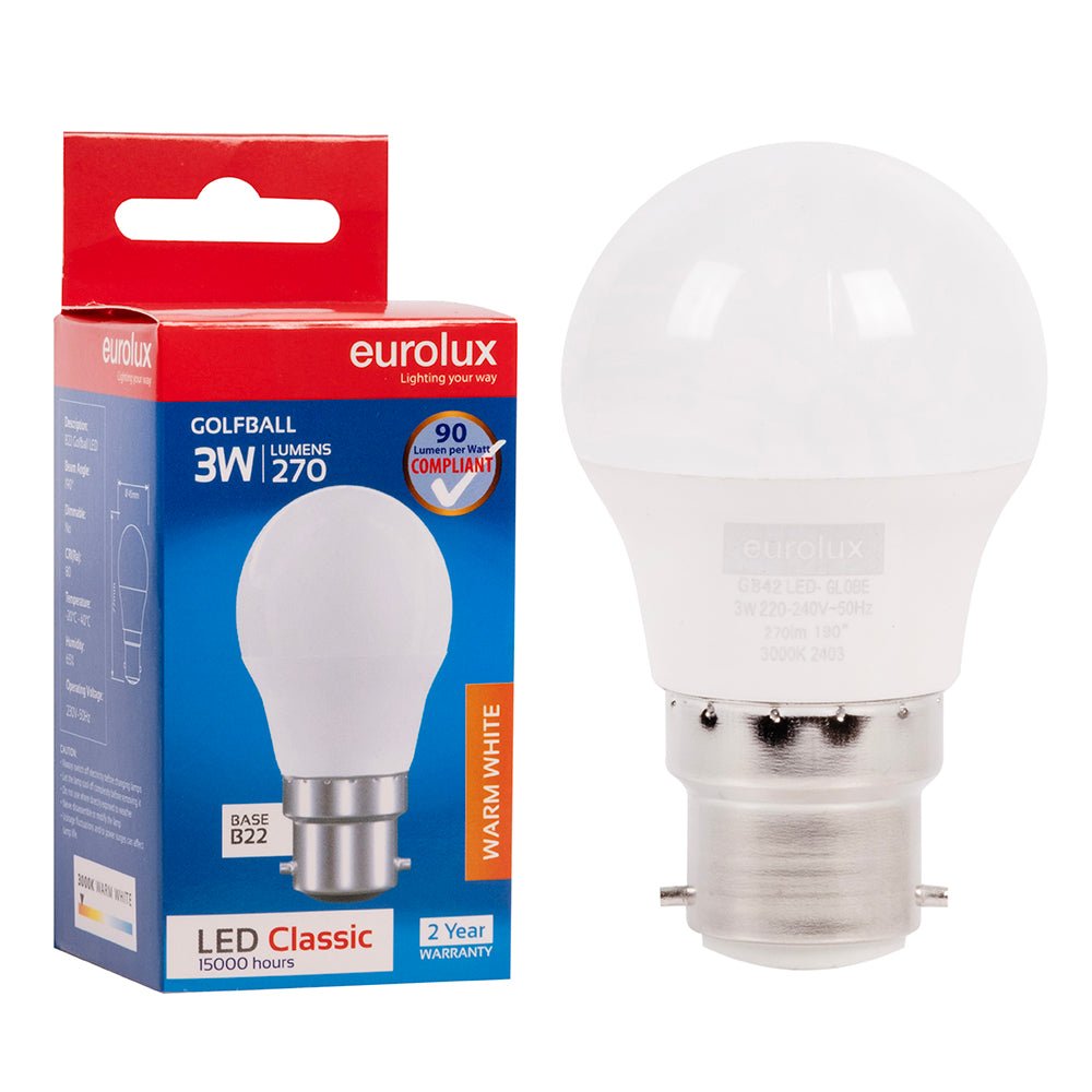 3W Warm White LED B22 Opal Golfball Bulb