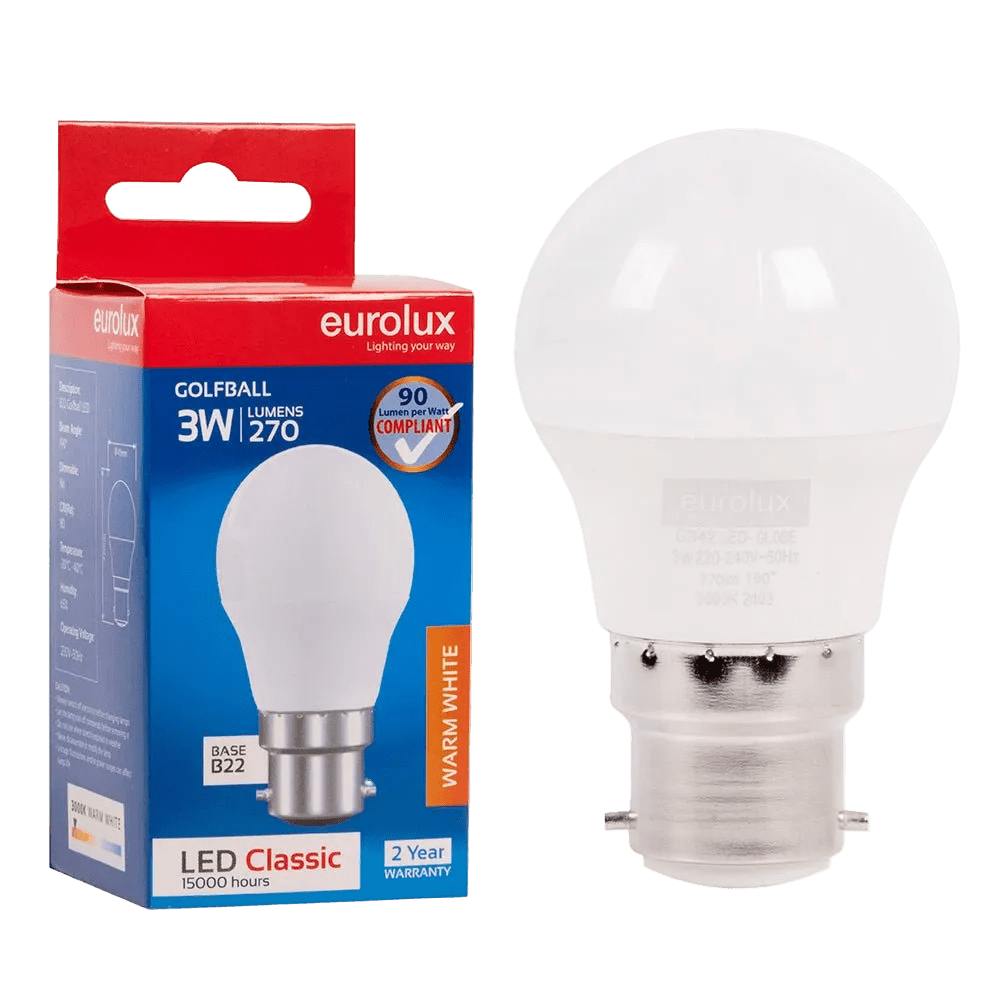 3W Golfball LED Bulb – B22, 3000K Warm White