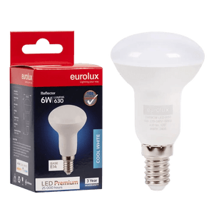 Eurolux 6W E14 LED reflector bulb in clear packaging, showing bulb and box with 630 lumens, cool white 4000K