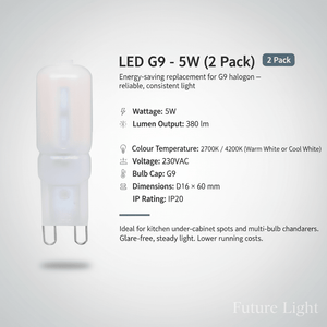 Close-up of LED G9 bulb with specifications displayed, showcasing its modern design and energy-saving features.