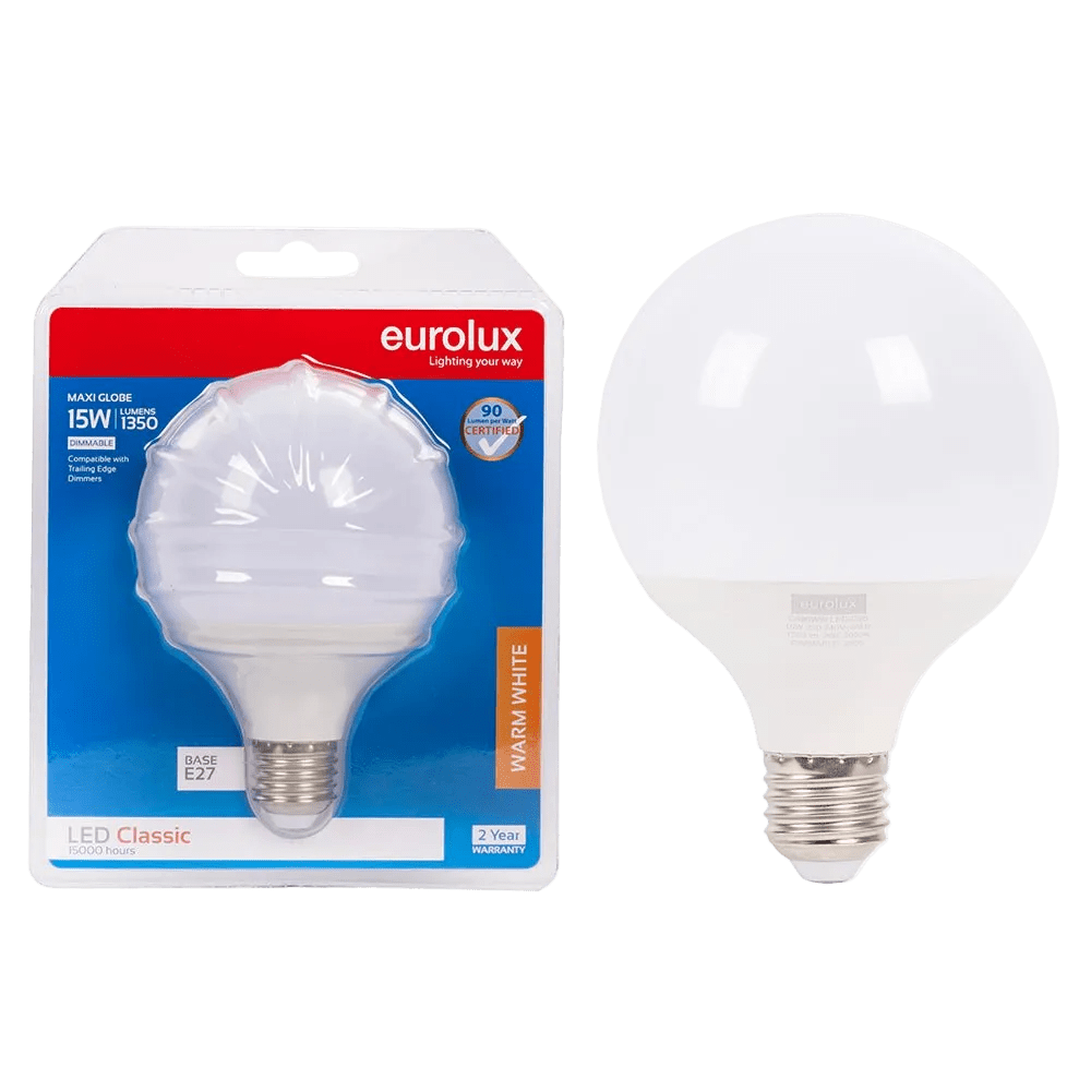 15W Dimmable Clear Globe LED Bulb – E27, 3000K Warm White
