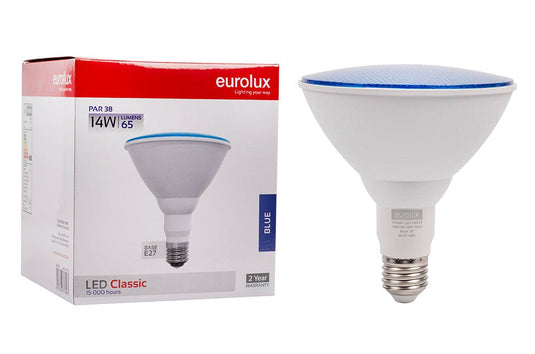 A Eurolux PAR 38 LED Classic 14W 65L blue light bulb shown next to its original white and red retail box on a plain white background.