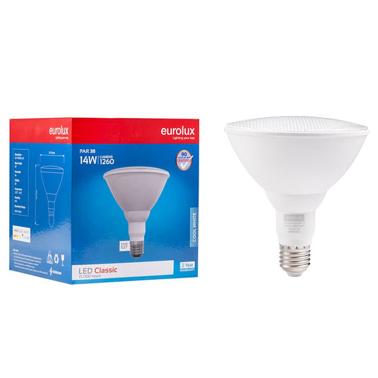 14W PAR38 LED bulb with E27 cap next to its packaging, showcasing warm white light features.
