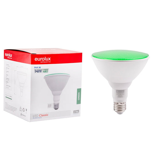 Eurolux 14W 480 lumens LED Classic PAR30 LED light bulb with a green reflective lens and white base, shown next to its white and red retail packaging box on a white background.