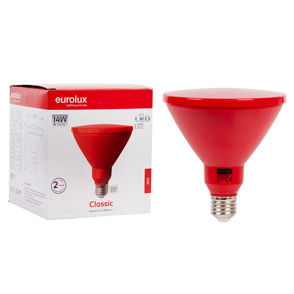 14W PAR38 red LED bulb next to its packaging, showcasing its design and specifications.
