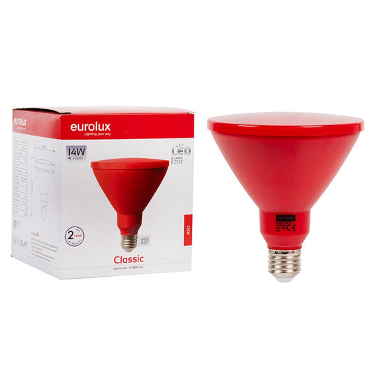 14W PAR38 red LED bulb next to its packaging, showcasing its design and specifications.