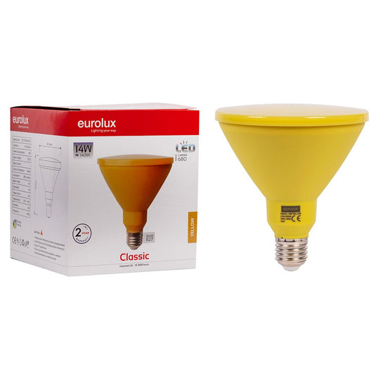 14W PAR38 yellow LED bulb next to its packaging, showcasing its design and specifications.