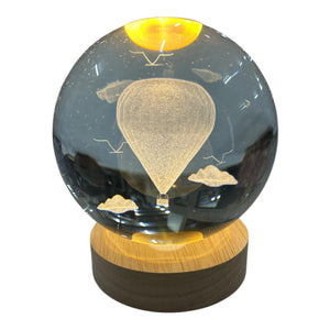 3D crystal LED light globe with hot air balloon engraving on wooden LED base