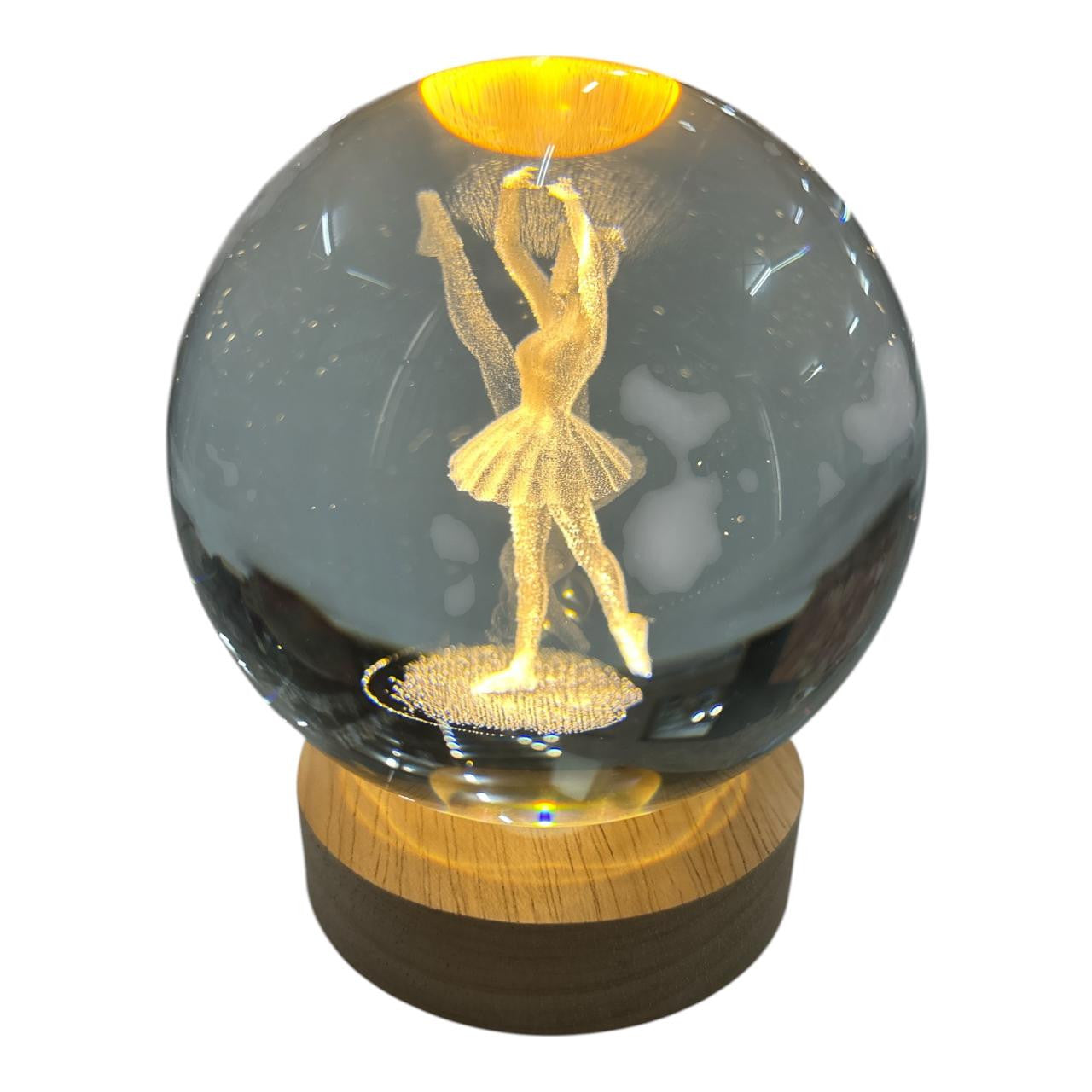 3D crystal LED light globe with ballerina engraving on wooden LED base