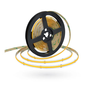 24V 8W COB CRI90 LED strip light emitting Warm White (3000K) light, shown as a flexible strip roll.