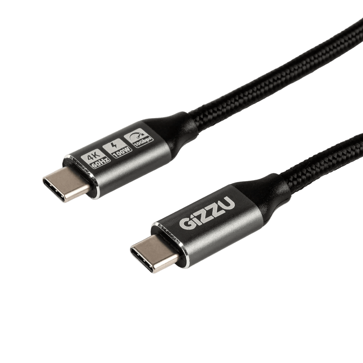 A black braided Type-C cable with silver connectors, featuring the "GIZZU" logo and specifications printed on one side.