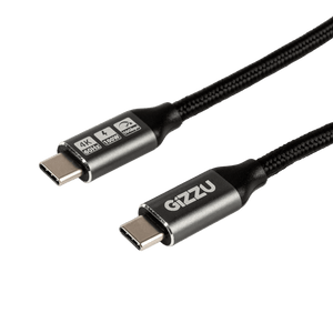 A black braided Type-C cable with silver connectors, featuring the "GIZZU" logo and specifications printed on one side.