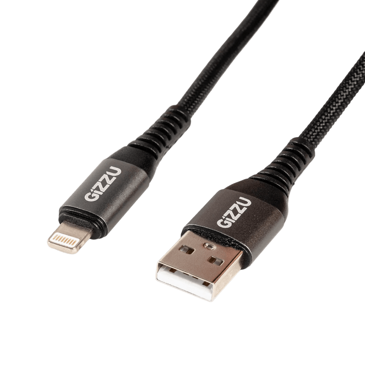 Close-up of black braided USB cable with USB-A and Lightning connectors