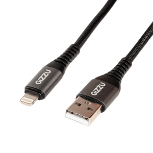 Close-up of black braided USB cable with USB-A and Lightning connectors