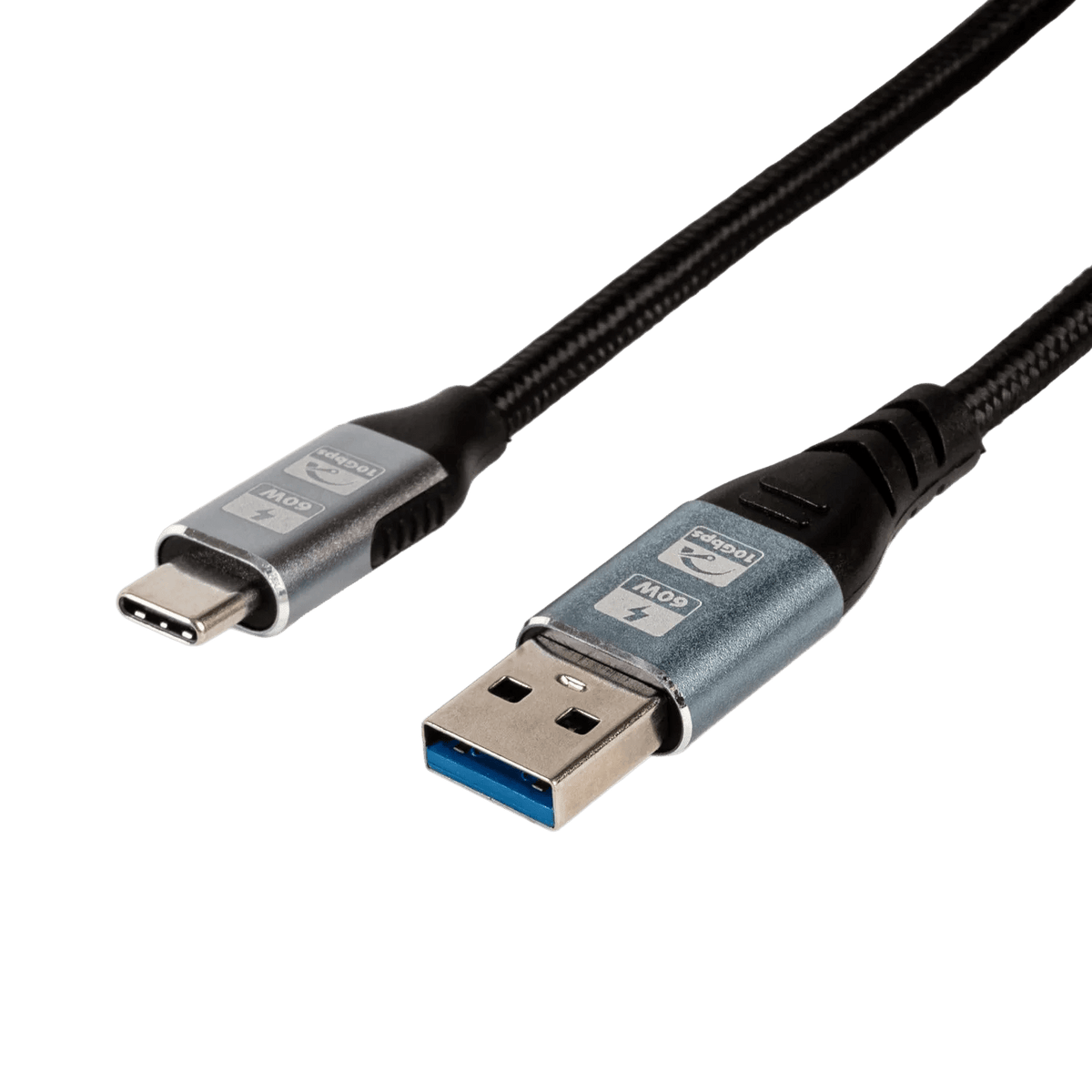 A 1m USB to Type-C cable with a braided black finish, featuring a silver connector on each end.