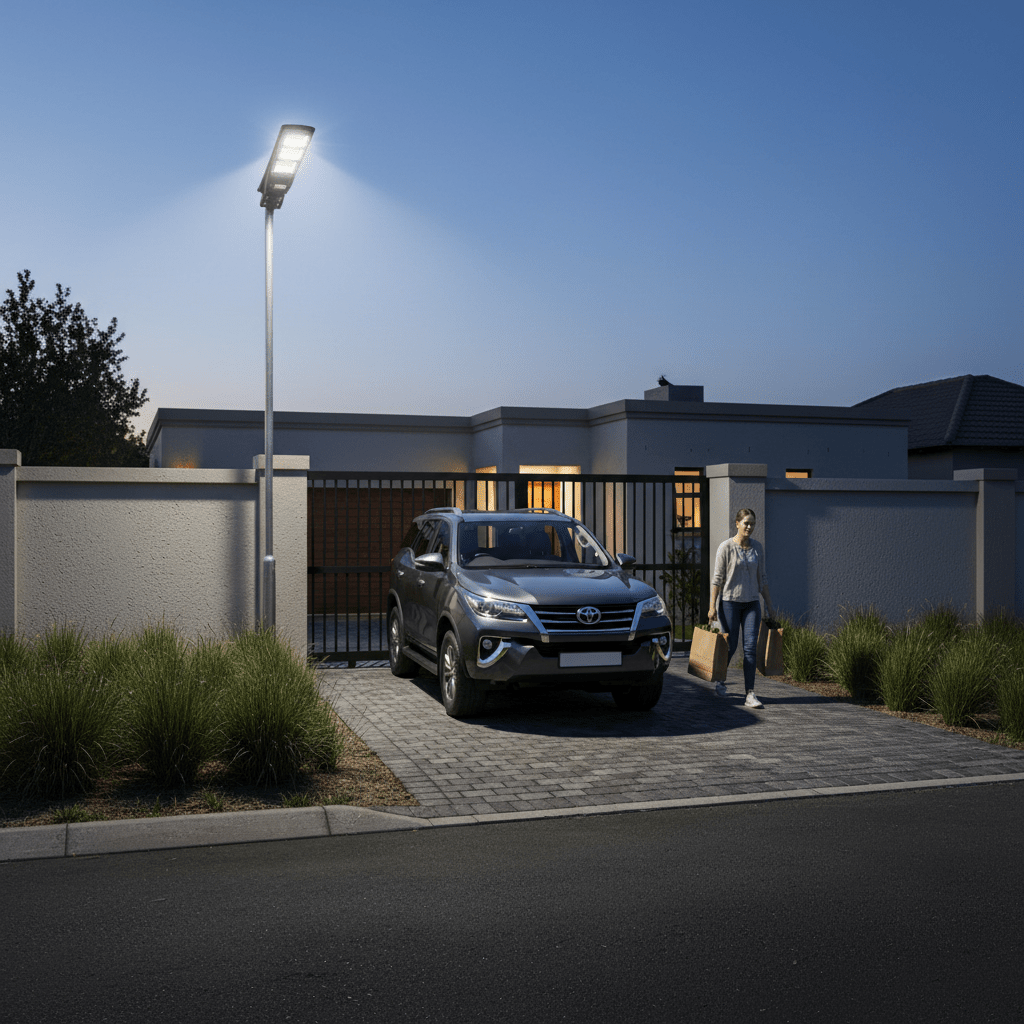 A solar street light illuminating a driveway as a woman walks with bags near a parked car.