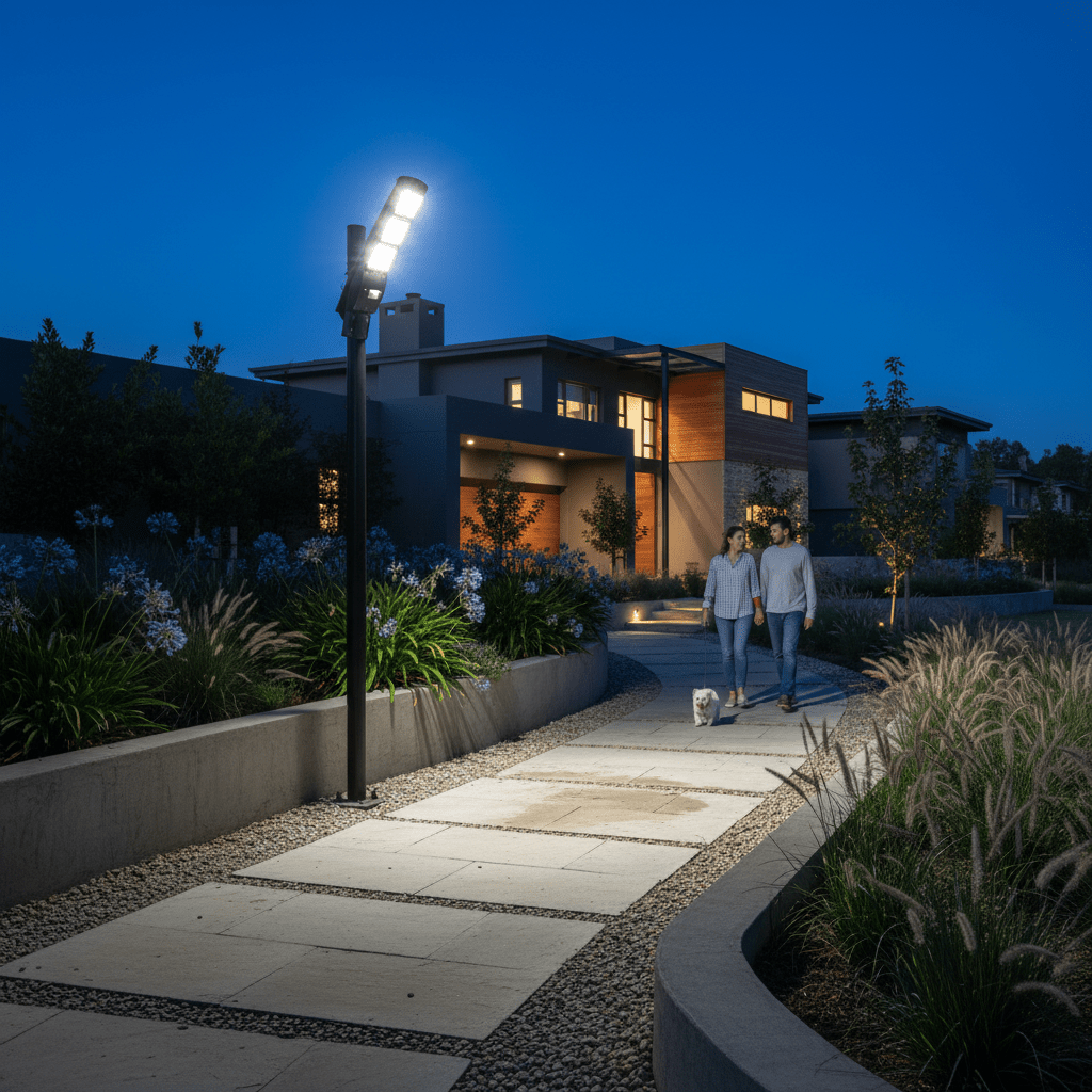 Couple walking a dog along a lit pathway with a solar street light illuminating the scene at dusk.