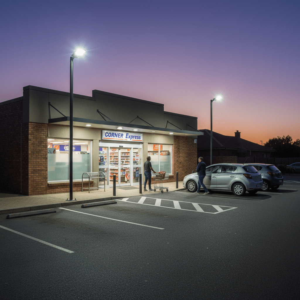 Solar street light illuminating a shopfront and parking area at dusk, enhancing visibility for customers.