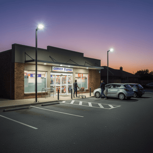 Solar street light illuminating a shopfront and parking area at dusk, enhancing visibility for customers.