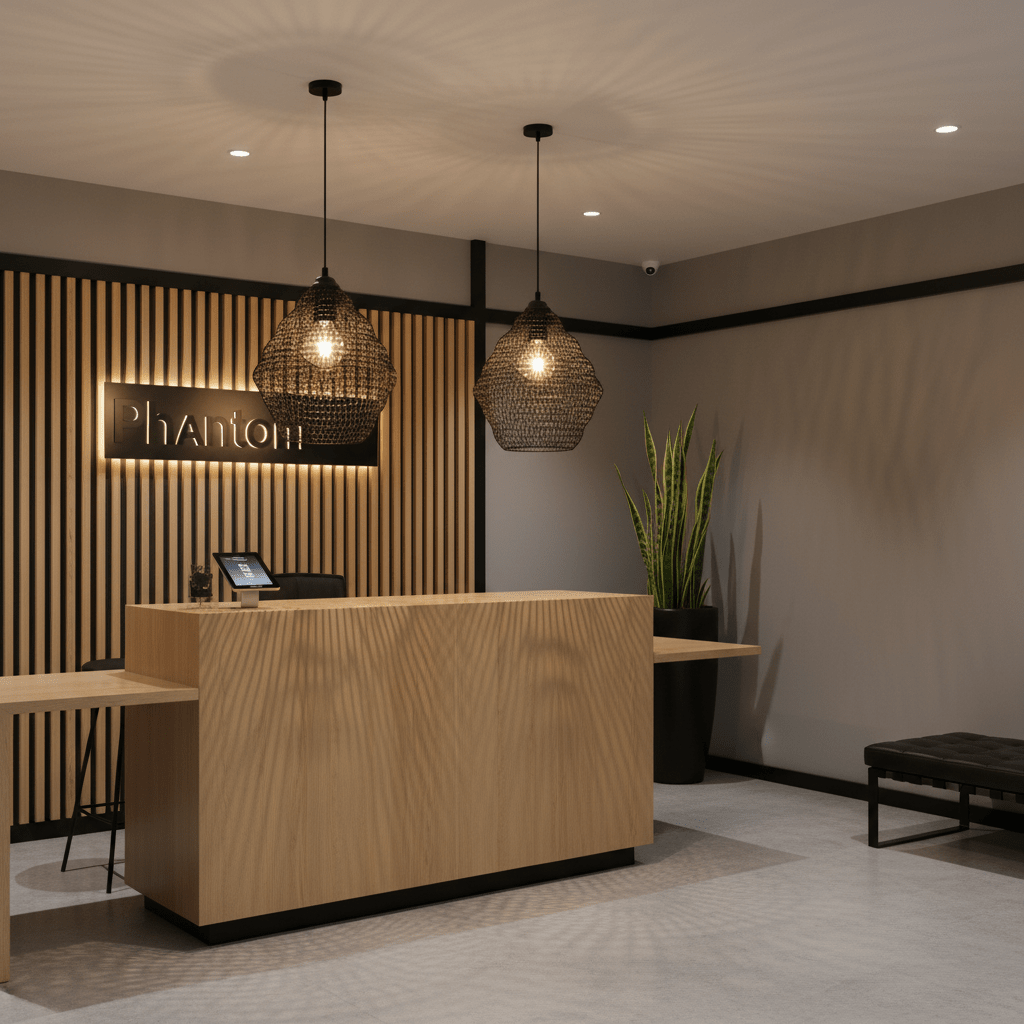Two black wire-mesh pendant lights hanging over a wooden reception desk in a modern office space.