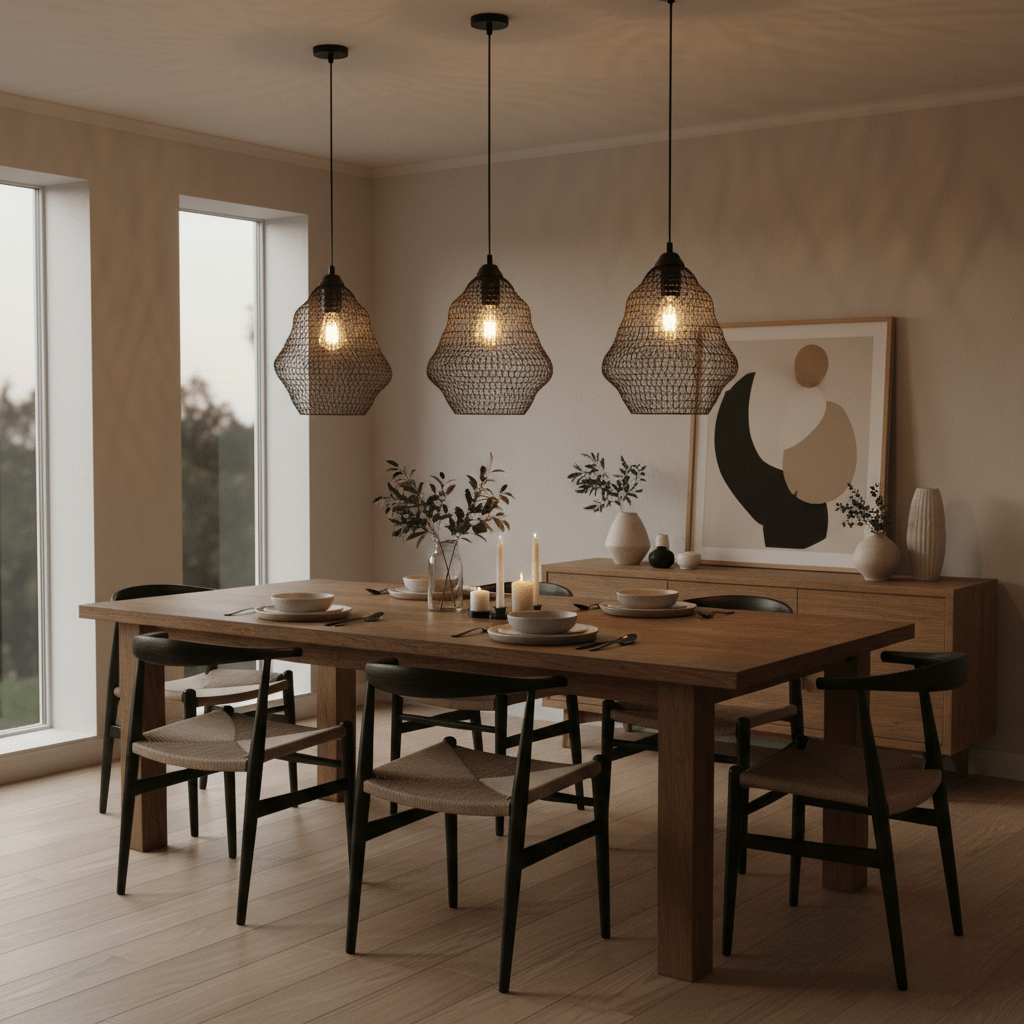 Three black wire-mesh pendant lights hang over a wooden dining table set for a meal.