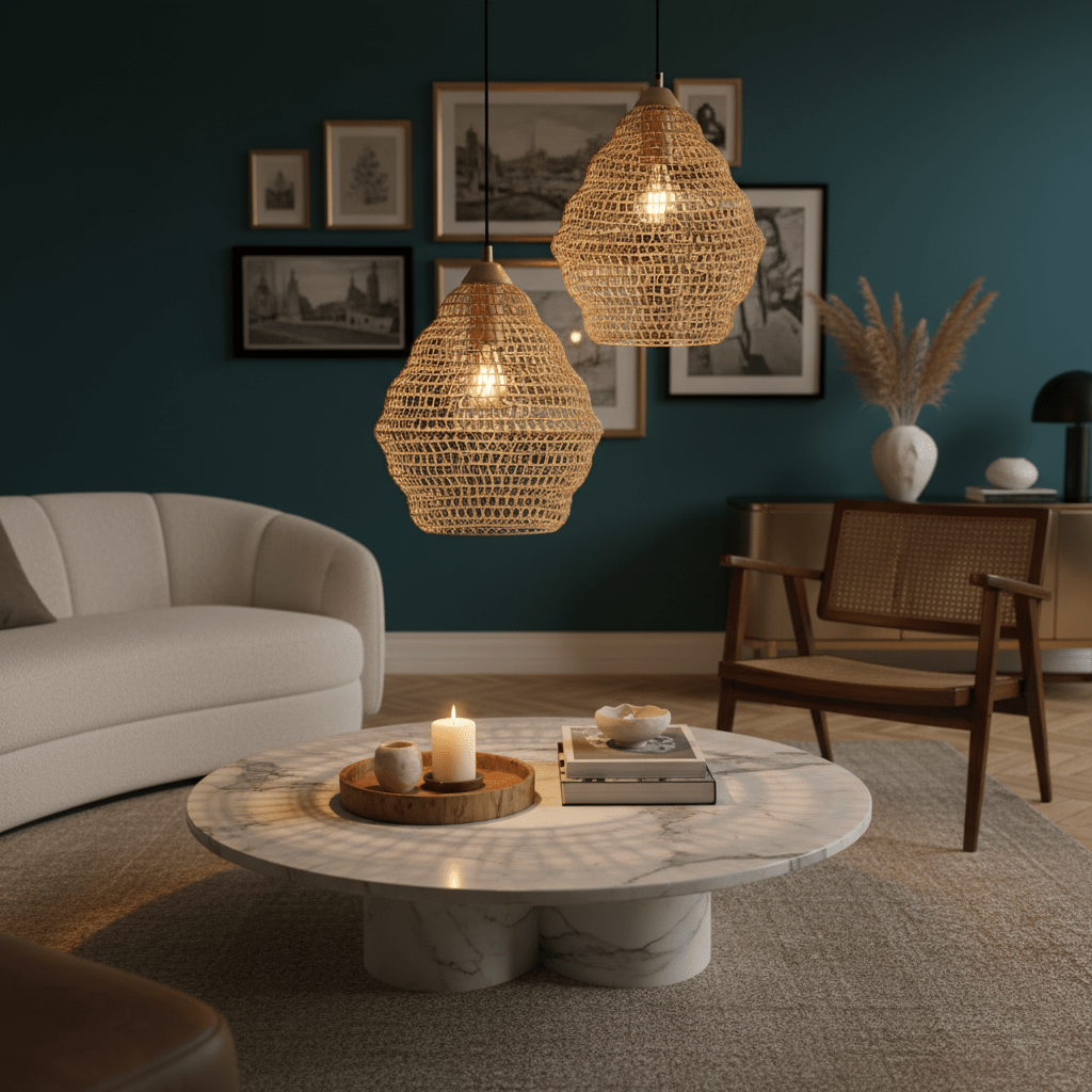 Two gold wire-mesh pendant lights hang above a marble coffee table in a stylish living room.