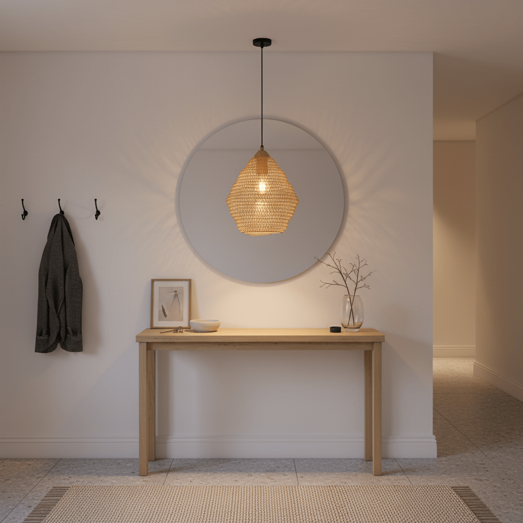 Gold mesh pendant light hanging above a wooden console table with decor items and a round mirror.