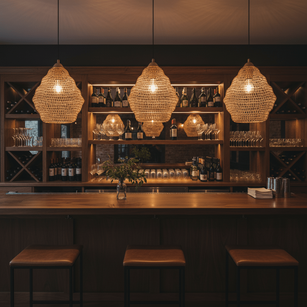 Three gold mesh pendant lights hanging above a wooden bar with wine bottles and glasses in the background.