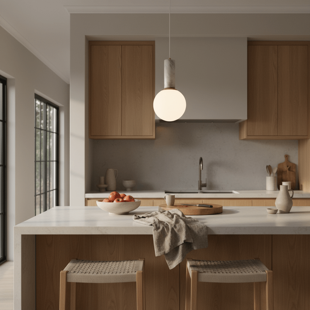 White marble and glass pendant light hanging over a kitchen island with woven stools