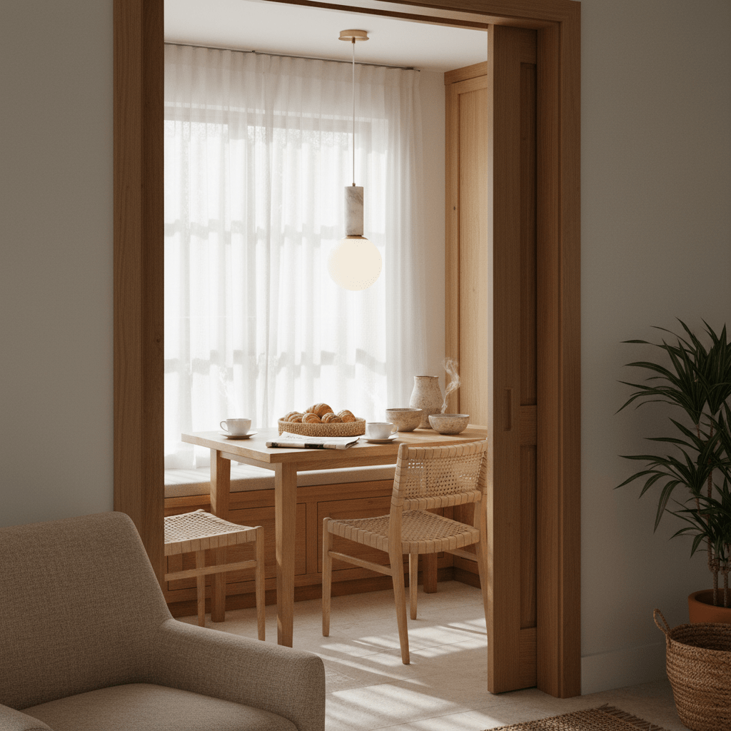 White marble and glass pendant light with frosted globe hanging over a wooden dining table