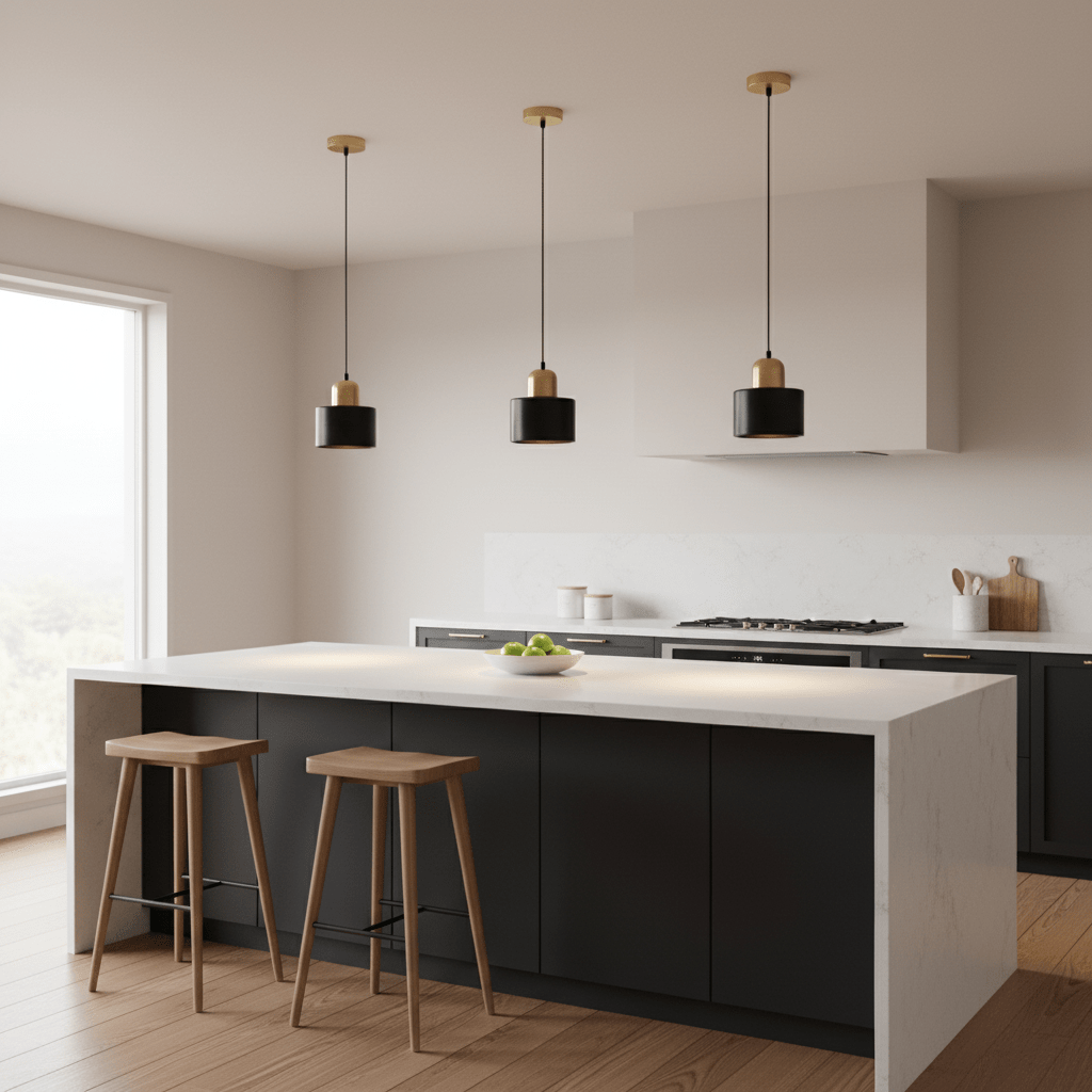 Three Cannon Black & Gold marble pendant lights hang above a modern kitchen island with wooden stools.