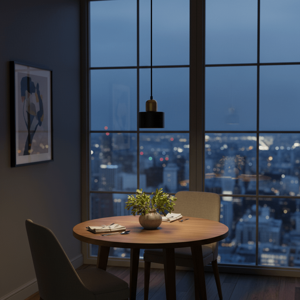 Cannon Black & Gold Marble Pendant Light hanging above a round wooden dining table with a city view at dusk.