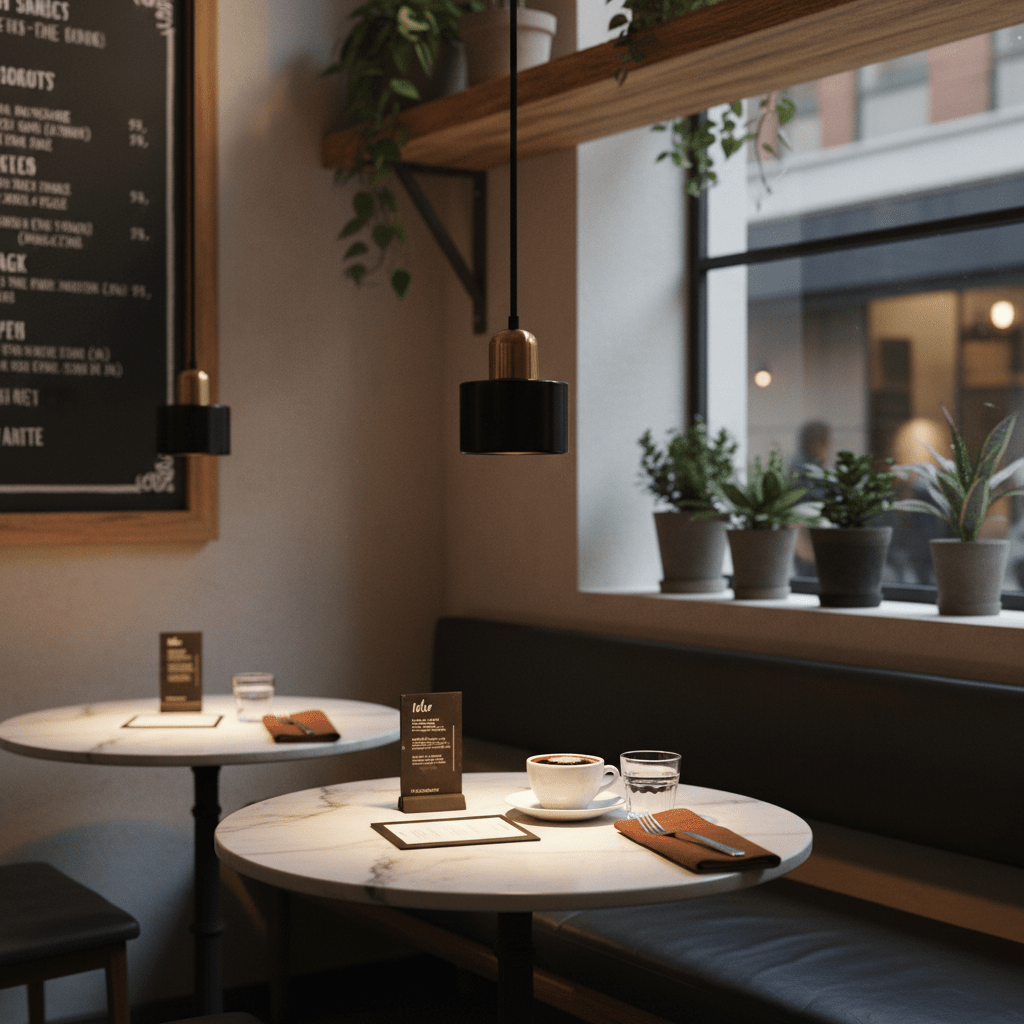 Cannon Black & Gold Marble Pendant Light hanging over a marble table in a cozy café setting.