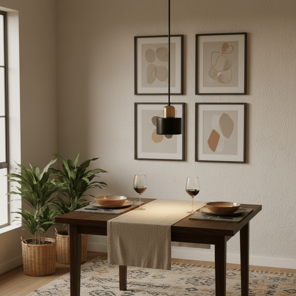 Cannon Black & Gold Marble Pendant Light hanging over a dining table set with wine glasses and plates.