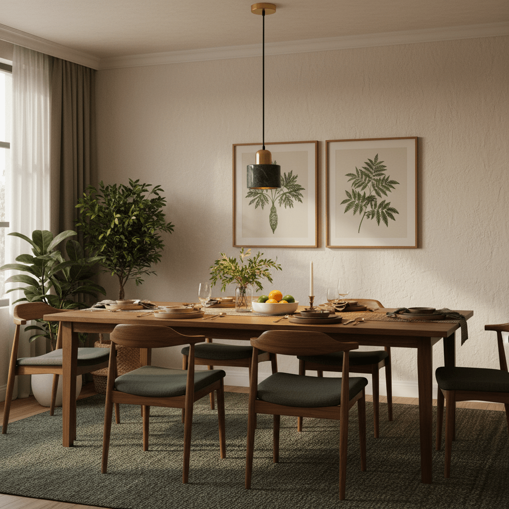 Cannon Green & Gold Marble Pendant Light hanging above a dining table set with plates and glasses, surrounded by plants.