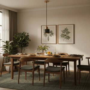 Cannon Green & Gold Marble Pendant Light hanging above a dining table set with plates and glasses, surrounded by plants.