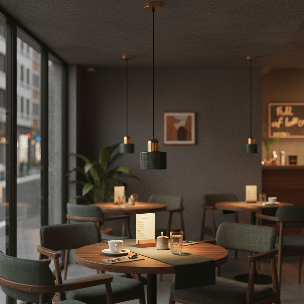 Cannon Green & Gold Marble Pendant Light hanging in a modern dining space with wooden tables and green chairs.