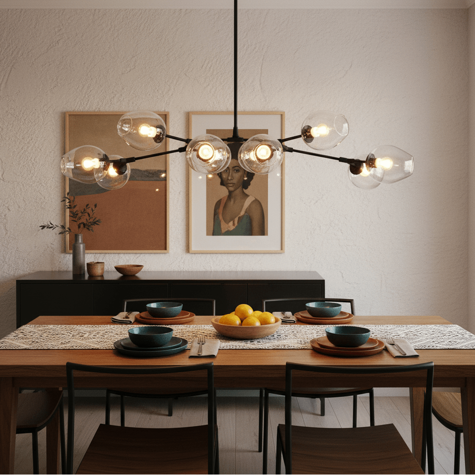 Elegant black 8-light pendant above a dining table set with bowls and fruit, featuring artwork in the background.