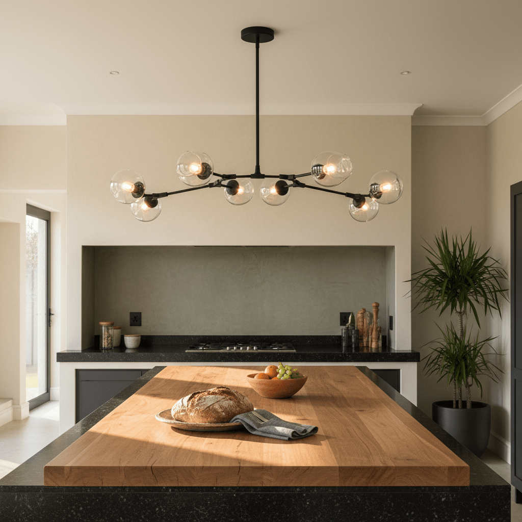 Elegant black 8-light pendant above a wooden kitchen island with bread and fruit.